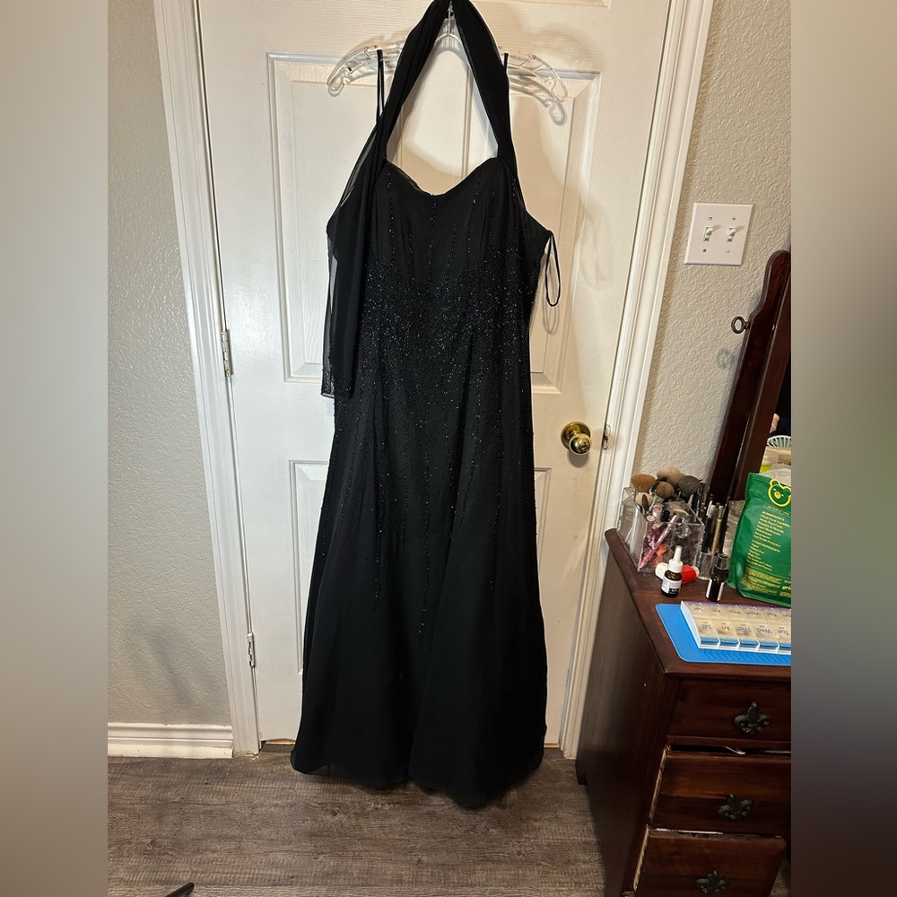 Riva Designs Black Gown 20w with sequins and wrap A line spaghetti straps
